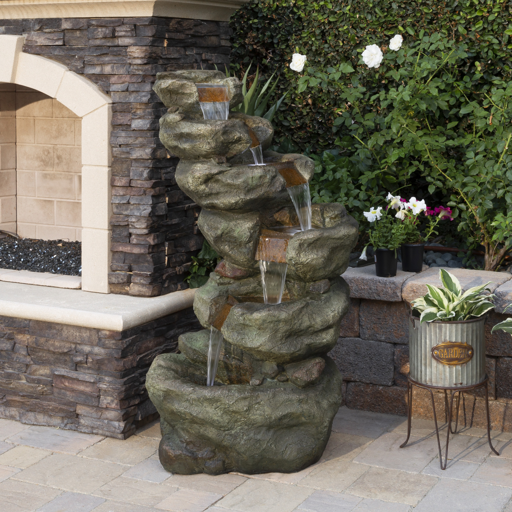 Alpine Corporation TZL107 48" Multi-Tier Rock Waterfall Fountain with Cool White LED Lights, Durable Outdoor Water Feature for Patio, Garden, and Backyard Décor, Gray